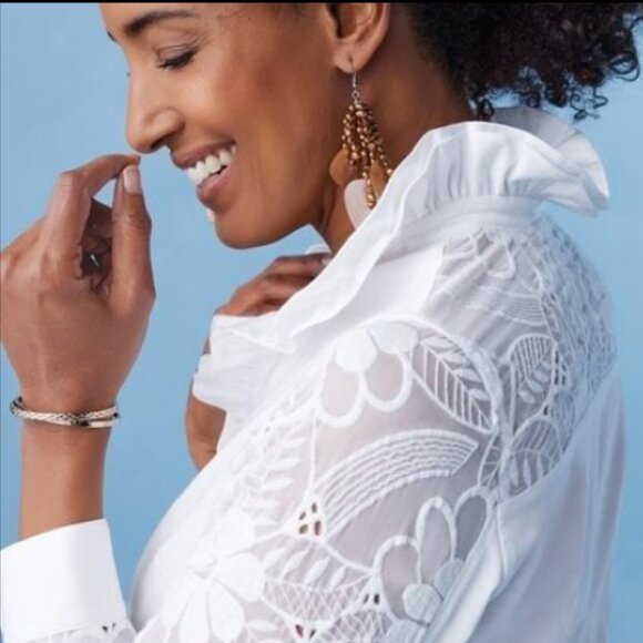 Soft Surroundings White Blouse, Ruffle Collar, Lace on Sleeves & Back - Medium - Picture 1 of 10